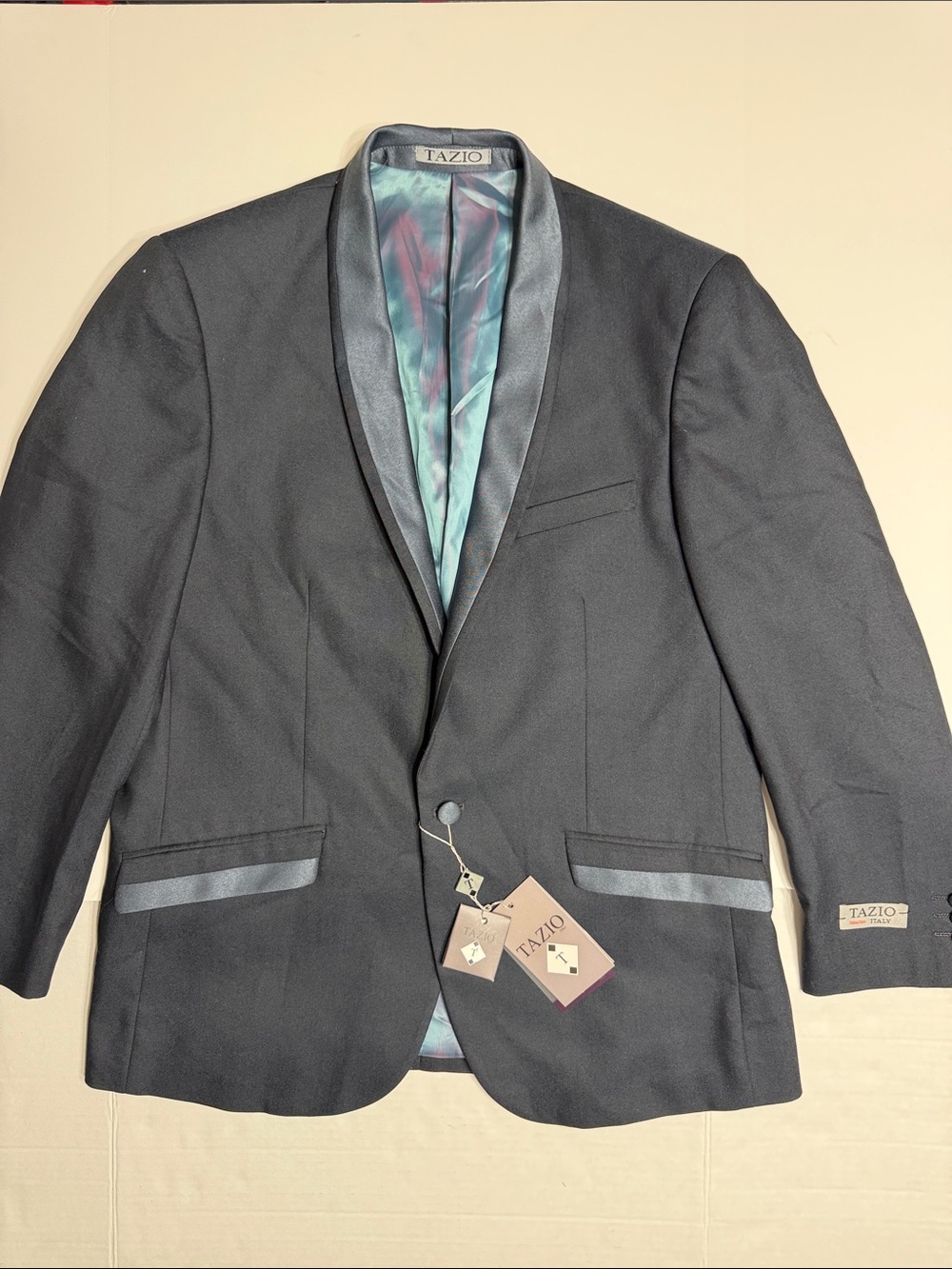 Tazio Men's Black/Blue Satin-Trim Slim Fit Tuxedo Jacket